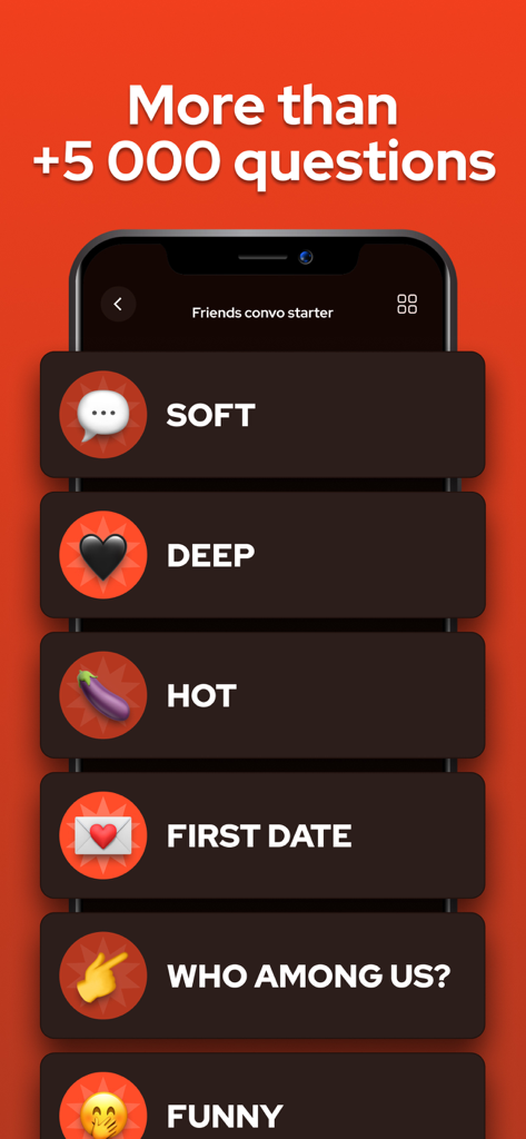 Debatium - Couple Game Convo - Smartphone-Bildschirm, der verschiedene Gesprächspakete in der Debatium-App wie Tief, Heiß und Erstes Date zeigt