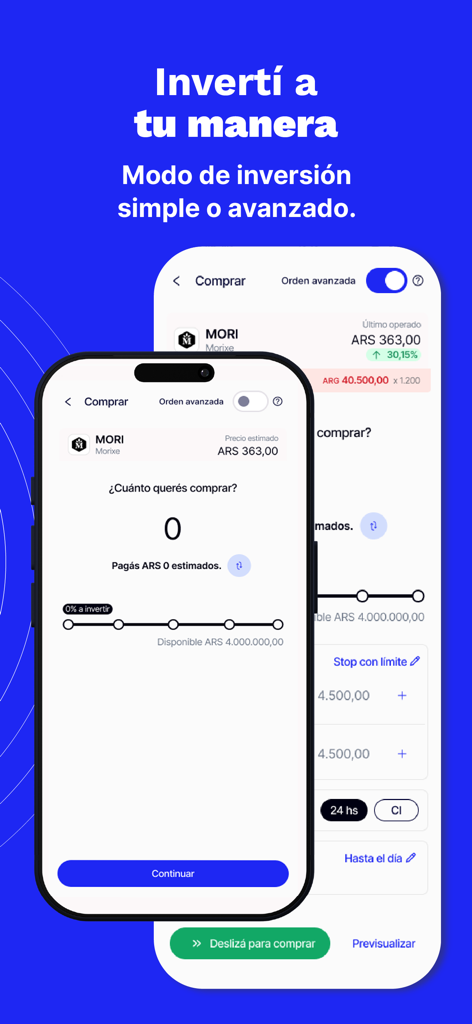 Bull Market - A mobile screen showing the Bull Market app interface with options for simple and advanced investment modes.