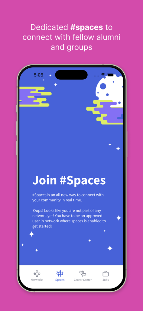 My Alumni Network - Interface of the My Alumni Network app showing the Spaces feature to connect with fellow graduates
