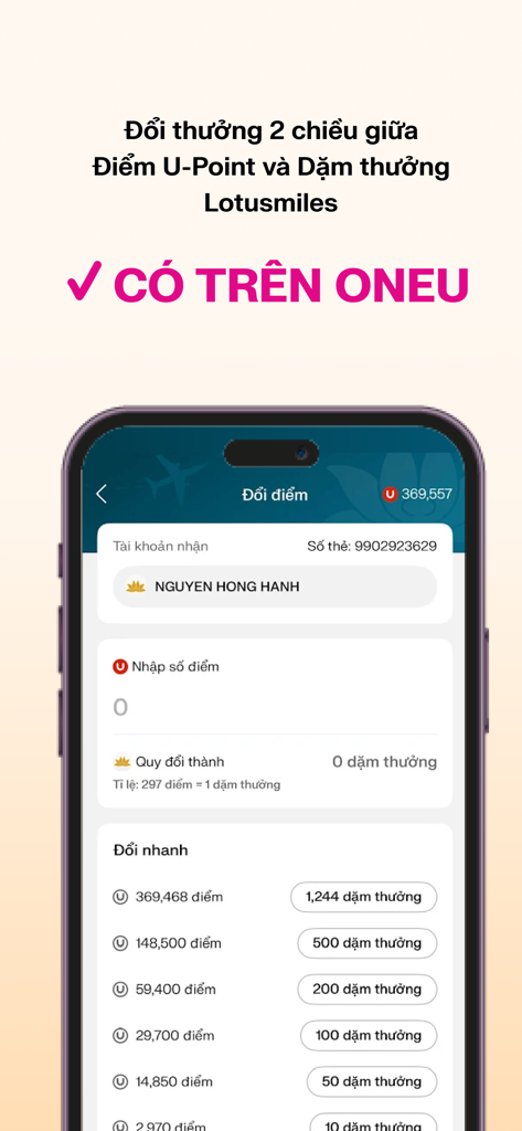 OneU: Thanh toán & nhận ưu đãi - Interface de l'application OneU pour convertir des points de fidélité en miles Lotusmiles de Vietnam Airlines