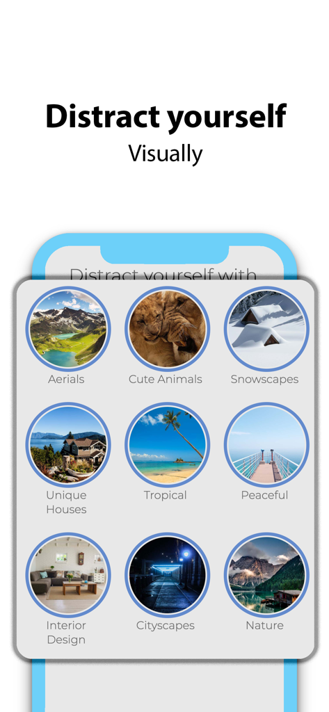 Interface of the Shopping Addiction Calendar app showing various visual categories for distraction such as nature and animals
