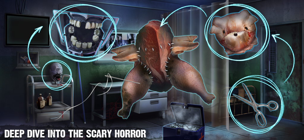 A dark medical room featuring a grotesque puzzle with stitched flesh and surgical tools