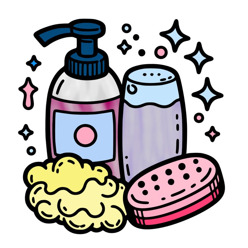 soap bottle with shampoo and sponge