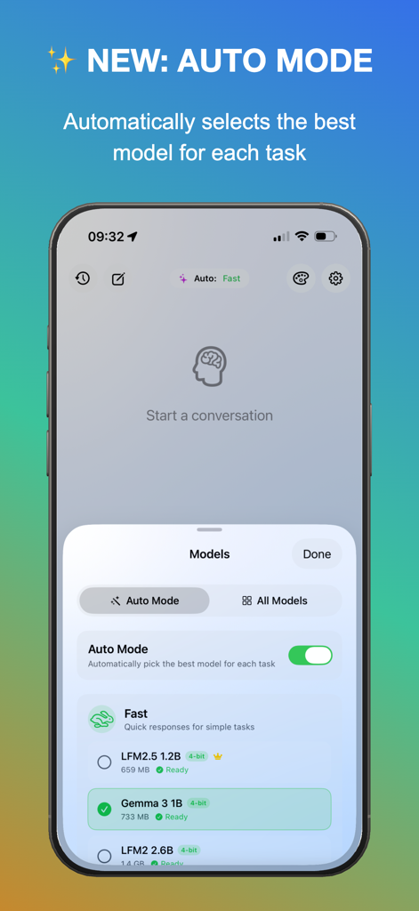 Screenshot of Solair AI app highlighting the new auto mode for local model selection