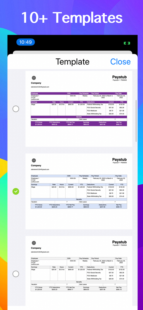 Paycheck Maker - A list of over ten professional paystub templates available in the Paycheck Maker app.
