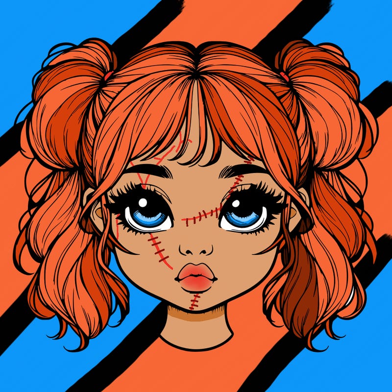 realistic girl with cute tiny pigtails with lips