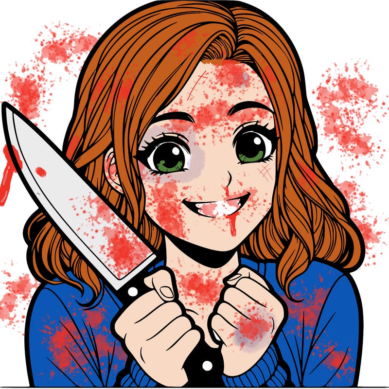 a realistic girl holding a knife and grinning