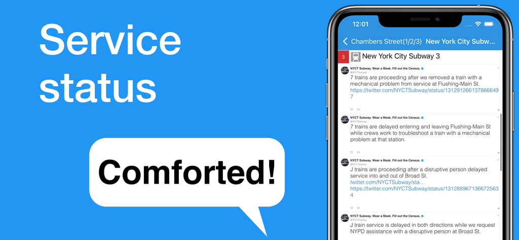 Live service status updates for the New York City Subway in the World Transit Maps app.