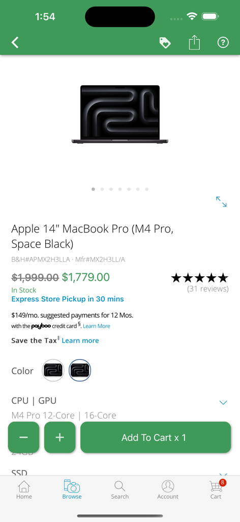 Product page for an Apple 14-inch MacBook Pro in Space Black on the B&H Photo Video mobile app showing a discounted price