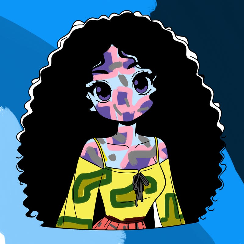 a black anime girl with long afro hair