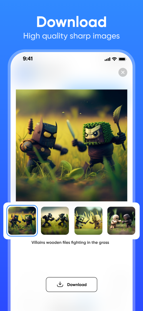 Chat AI & Generator - Mobile interface of Chat AI and Generator app showing AI generated images of wooden figures fighting in a field with a download button