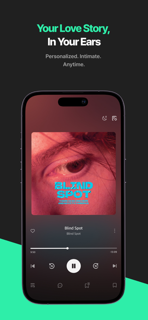 PLING : K-Drama Audio Stories - Interfaz de la aplicación móvil PLING reproduciendo un drama de audio romántico coreano