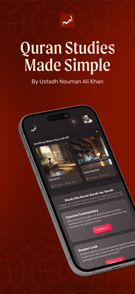 Bayyinah TV app interface showing Quran studies courses and commentary by Nouman Ali Khan