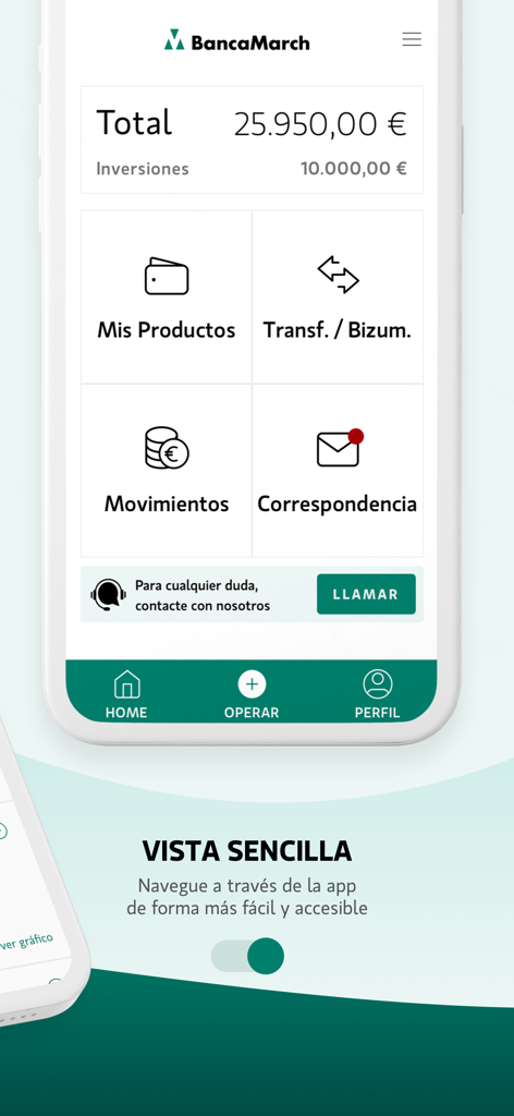 Banca March mobile app interface showing account balances and investment portfolio management options.