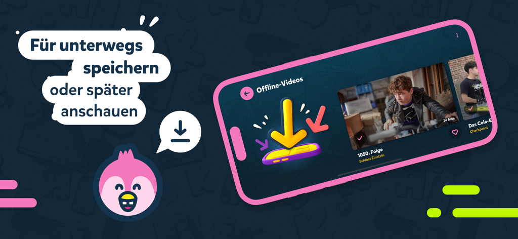 Screenshot der KiKA-App, der die Funktion zum Speichern von Videos für die Offline-Wiedergabe auf einem Smartphone hervorhebt
