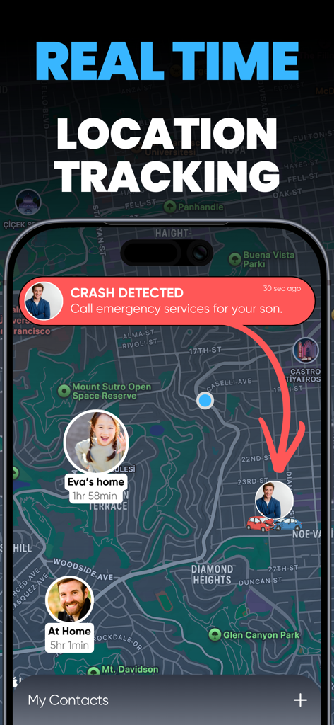 Phone Tracker - Track Location - Mobile app interface showing real-time family location tracking with a crash detection alert
