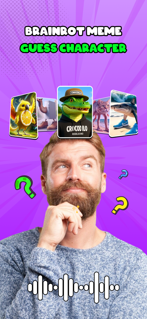 Italian Brainrot Wiki & Quiz - A man thinking about different surreal meme characters in the Brainrot Meme Guess Character quiz mode