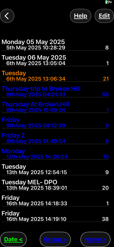 A chronological list of recorded travel logs and journeys within the Track My Trip app interface