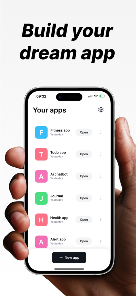 Codera - Smartphone screen displaying the Codera app interface with a list of user created apps and a build your dream app title