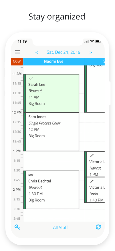 A daily salon appointment schedule on the Booker Mobile app interface showing staff and client bookings.