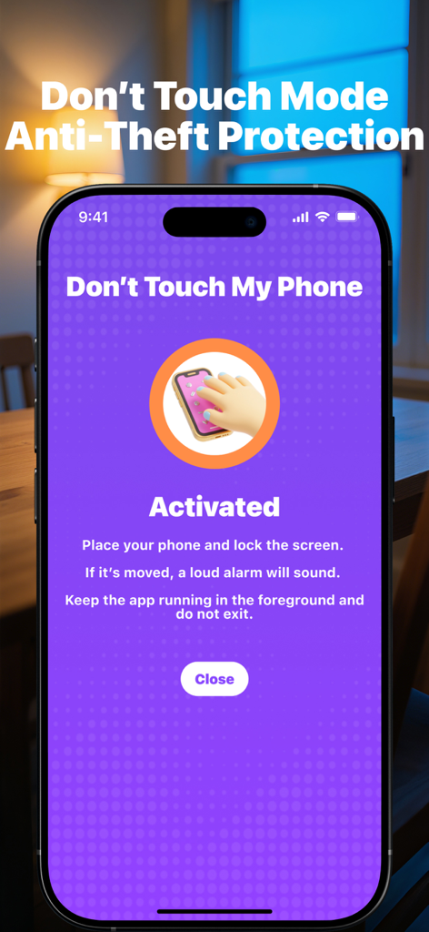 Interfaz del Modo 'No Tocar' activado para protección antirrobo en la aplicación ClapFind.
