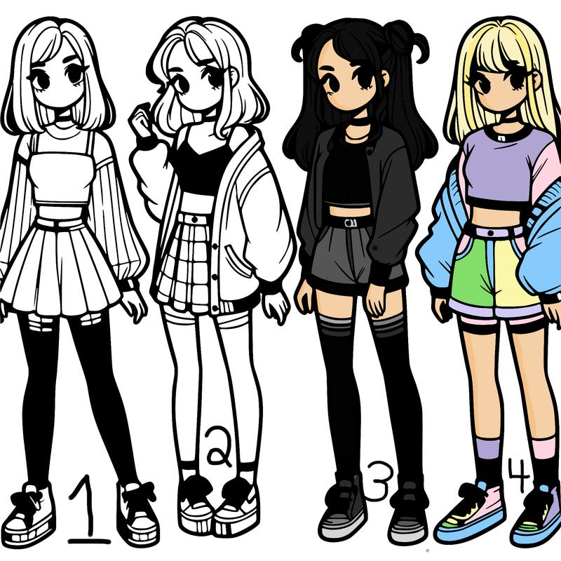 one girl with crop-top shirt and a jacket with a skirt, long socks and another girl with a shirt and pants with a jacket