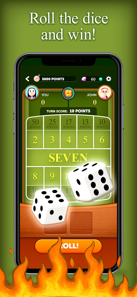 Gameplay screen of Hot Rolls Dice Strategy Game showing a competitive PvP match with rolling dice and player avatars.