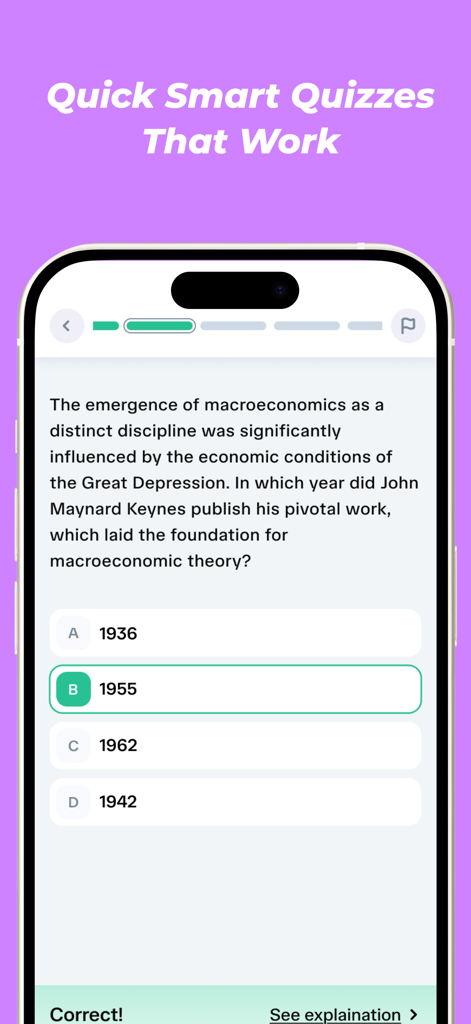 PrepAiro: UPSC CSE Prep 2026 - A mobile screen from the PrepAiro app showing a multiple choice quiz question about macroeconomic history with a correct answer highlight.
