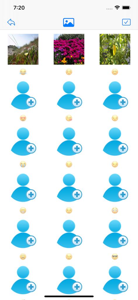 名前のエントリのグリッドと、写真のアップロードプレースホルダーおよび絵文字アイコン。