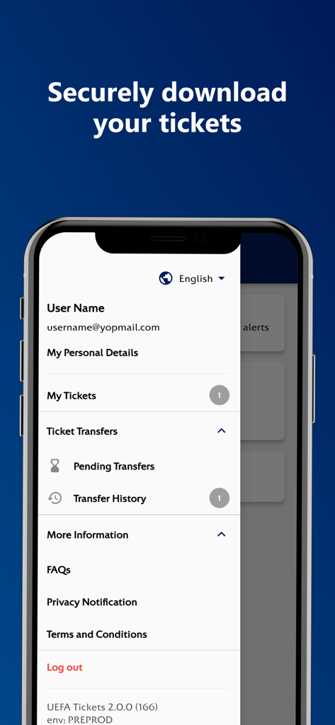 User menu interface of the UEFA Mobile Tickets app showing options for tickets and ticket transfers.