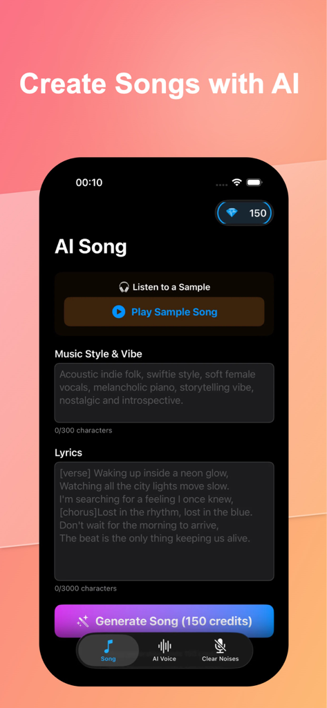 AI Voice & Song Generator - Interfaz de usuario para crear canciones con IA que muestra secciones de entrada para estilo musical y letras.