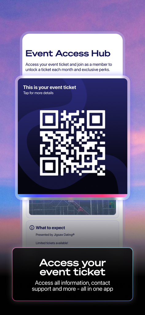 Pantalla de la aplicación Jigsaw Dating que muestra un código QR para una entrada de evento en el Centro de Acceso a Eventos.