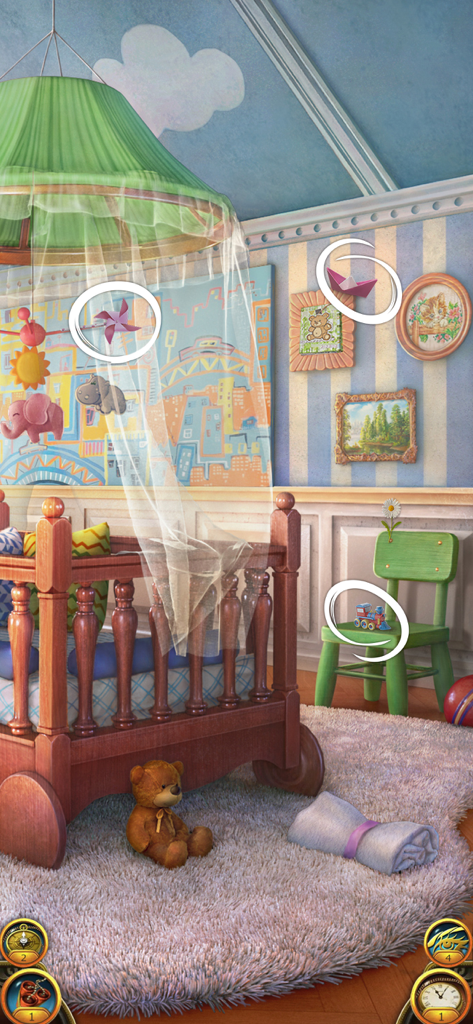 A hidden object game screen showing a detailed nursery with a wooden crib, teddy bear, and circled items to find.