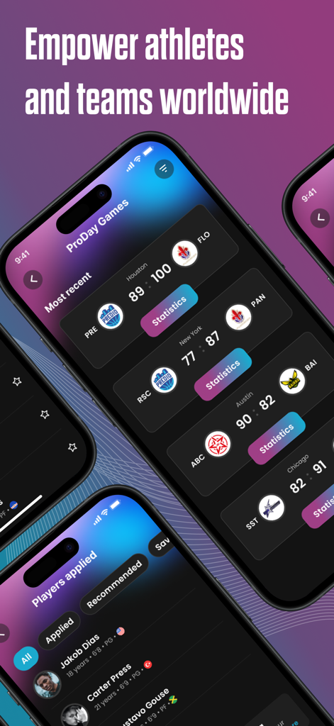 Scoutz App - Scoutz App interface showing basketball game statistics and player recruitment profiles