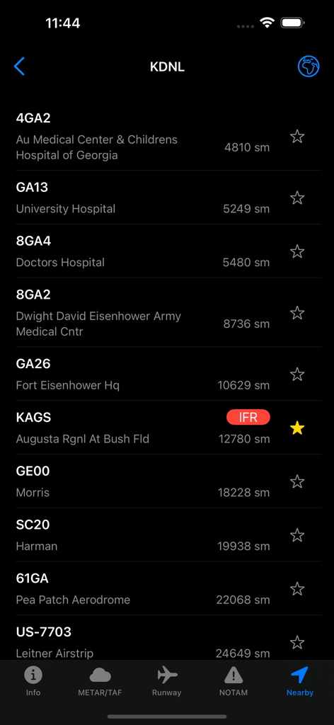 Aviation Weather app showing a list of nearby airports and aviation stations with distances and IFR flight category indicator