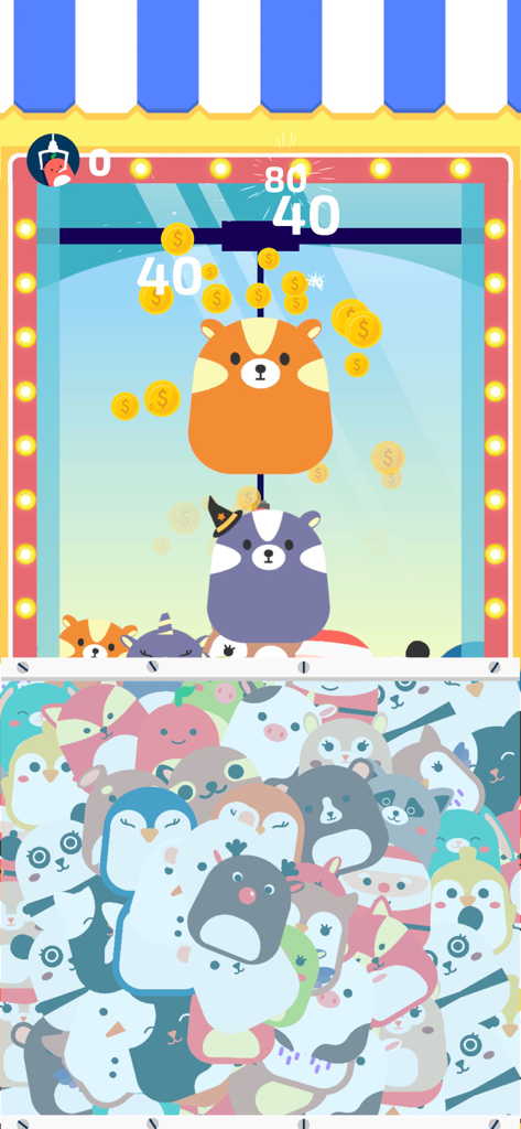 Go Toy! - Go Toy mobile game screenshot showing a claw machine catching cute fuzzy plushies and earning coins