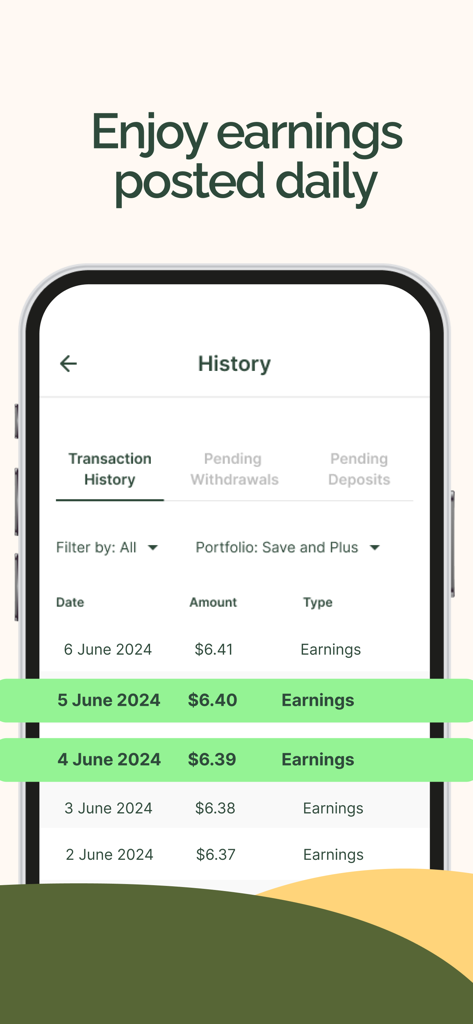 Blossom – Save & Invest. - Mobile app screen showing a transaction history with daily earnings posted to a savings account