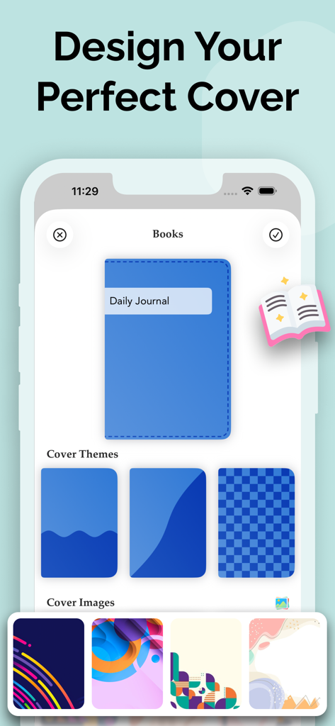 My Diary - Journal & Notes - さまざまなテーマや画像を使用してパーソナライズされたジャーナルカバーをデザインするためのモバイルインターフェース
