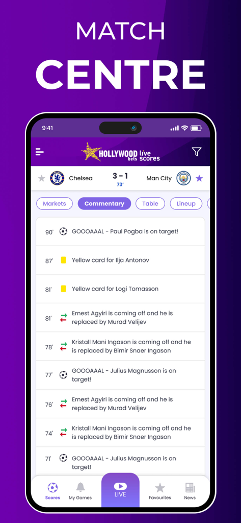 Hollywoodbets Live Scores app match center showing soccer commentary and live event updates for a match between Chelsea and Manchester City