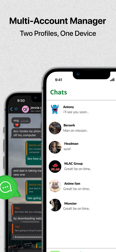 Dual Space & Parallel Accounts - iPhoneデバイスで複数のチャットプロフィールを表示するデュアルスペースアプリのインターフェイス