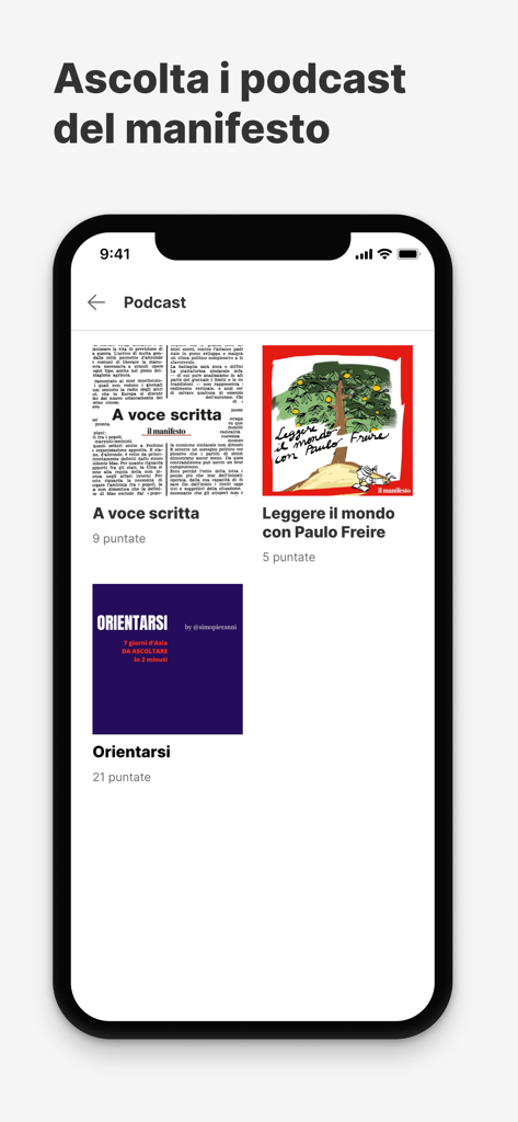 il manifesto - Podcast section of the il manifesto news app featuring various Italian cultural and political series