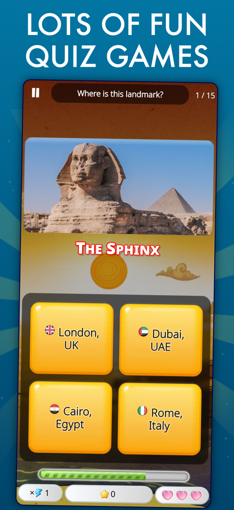 World Geography Trivia Quiz - Una pantalla del juego de cuestionarios de geografía preguntando por la ubicación de la Esfinge con opciones de respuesta múltiple, incluyendo El Cairo, Egipto