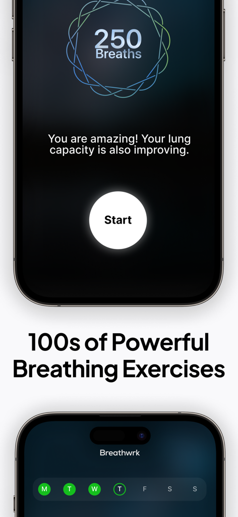 Breathwrk app screen displaying a start button for breathing exercises and tracking of lung capacity progress