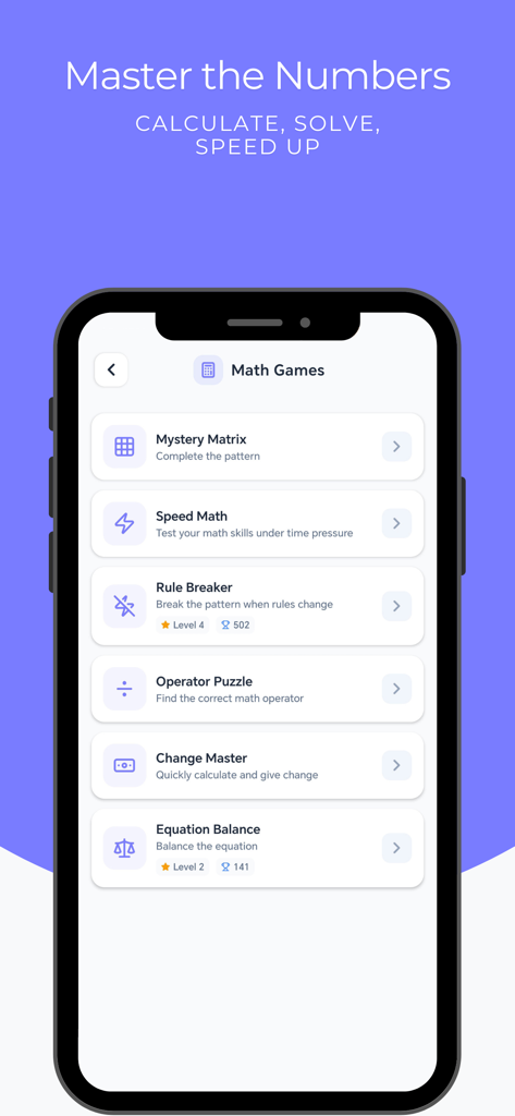 Reflexly - Brain Training - Reflexly app interface showing a list of math brain training games including Speed Math and Equation Balance.