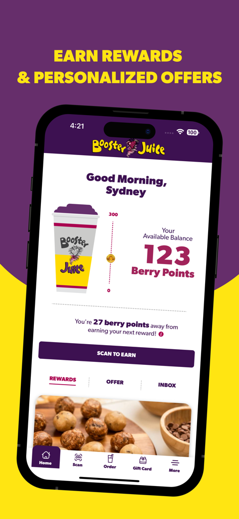 Booster Rewards - 부스터 리워드 앱 화면에 베리 포인트 잔액과 맞춤 보상 진행 상황 표시