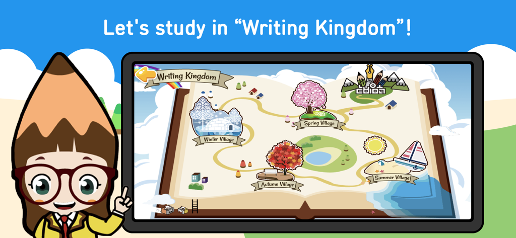 English Study Step 1 - Une carte dessinée du Royaume de l'écriture présentant des villages saisonniers pour apprendre l'anglais