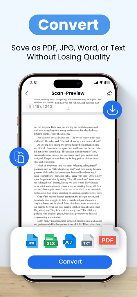 モバイルアプリのインターフェースで、スキャンされたドキュメントを品質を損なうことなくPDF、JPG、Word、テキスト形式に変換するオプションが表示されています。