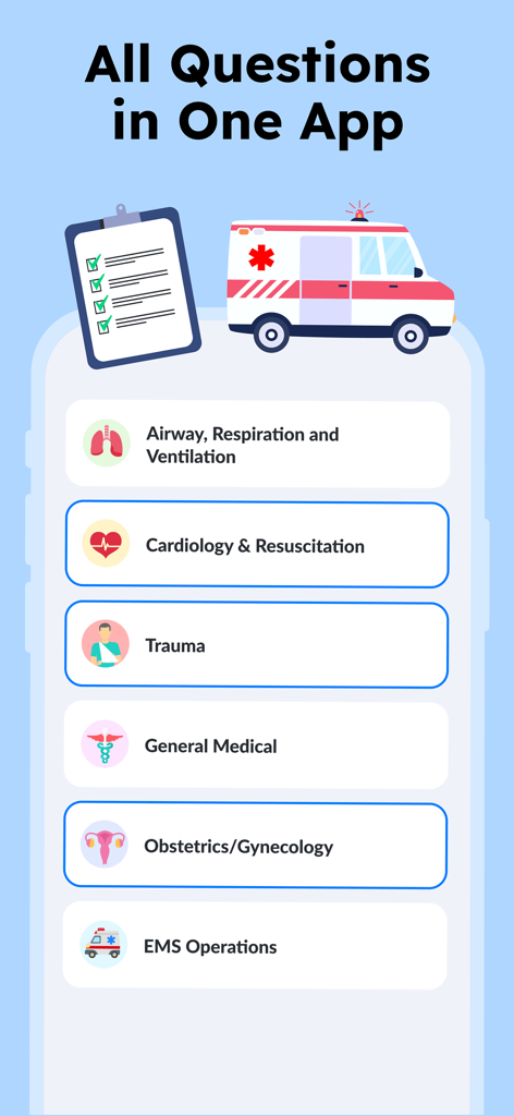 NREMT Prep. Medic Test 2026 - Interface de l'application NREMT Prep montrant divers modules d'étude comme la cardiologie traumatique et les opérations EMS