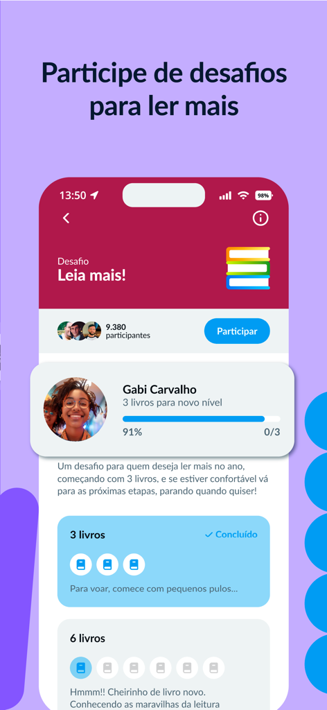 Skoob - Organize suas leituras - Skoob mobile app interface showing a reading challenge progress bar and user achievements to encourage reading goals.