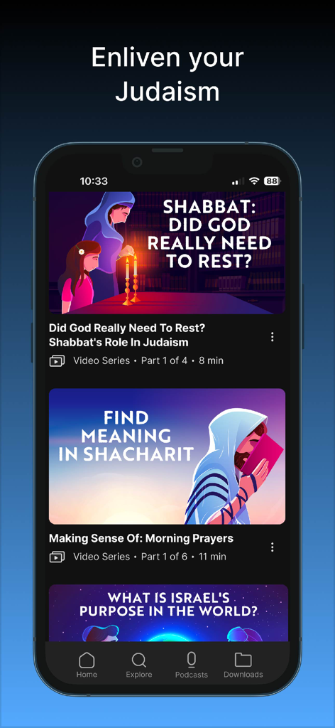 Aleph Beta Torah Videos - Aleph Beta app home screen showing animated Torah lessons on Shabbat and morning prayers